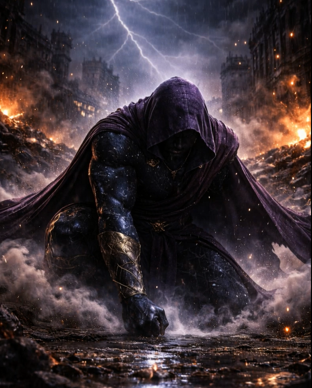 Astrius kneeling amid a storm-ravaged city